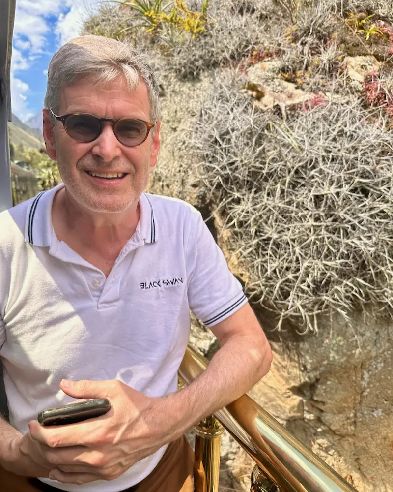 A guest rides the 360 Machu Picchu train on our gay trip to Peru