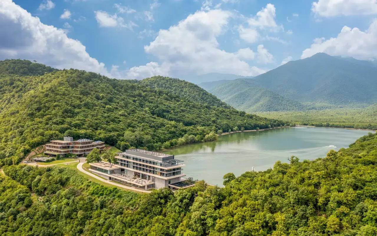 The exterior of Kvareli Lake Resort, one of our Georgia gay-welcoming hotels.