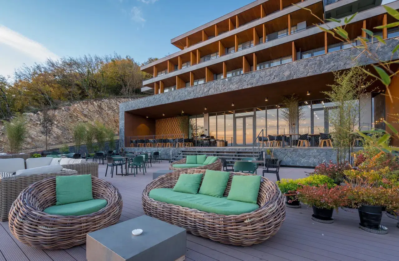 The massive terrace of Kvareli Lake Resort, one of our Georgia gay-welcoming hotels.