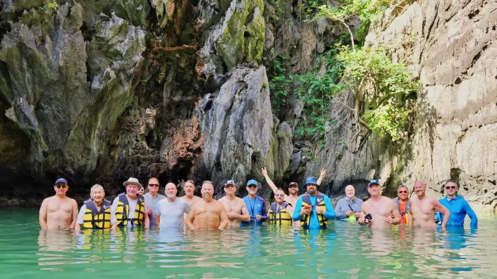 A group with several gay bears swimming in El Nido, Philippines.