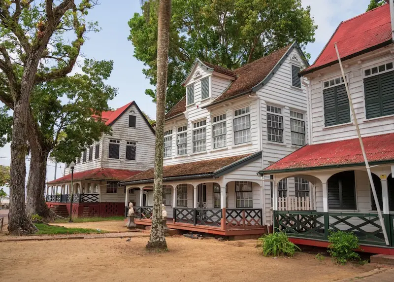 Wooden buildings in Paramaribo, Suriname.
