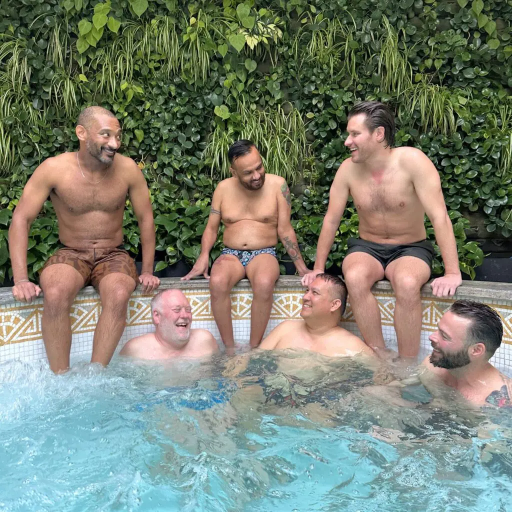 Gay travel group relaxing in a jacuzzi