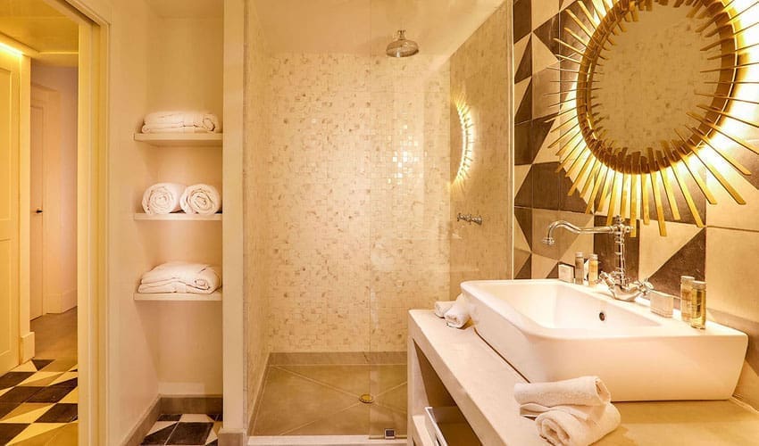 A clean, spacious hotel bathroom in Marrakesh.