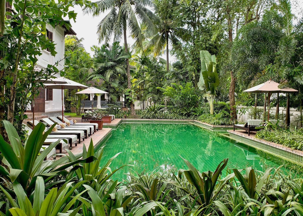 The Satri House hotel pool in Luang Prabang, Laos.