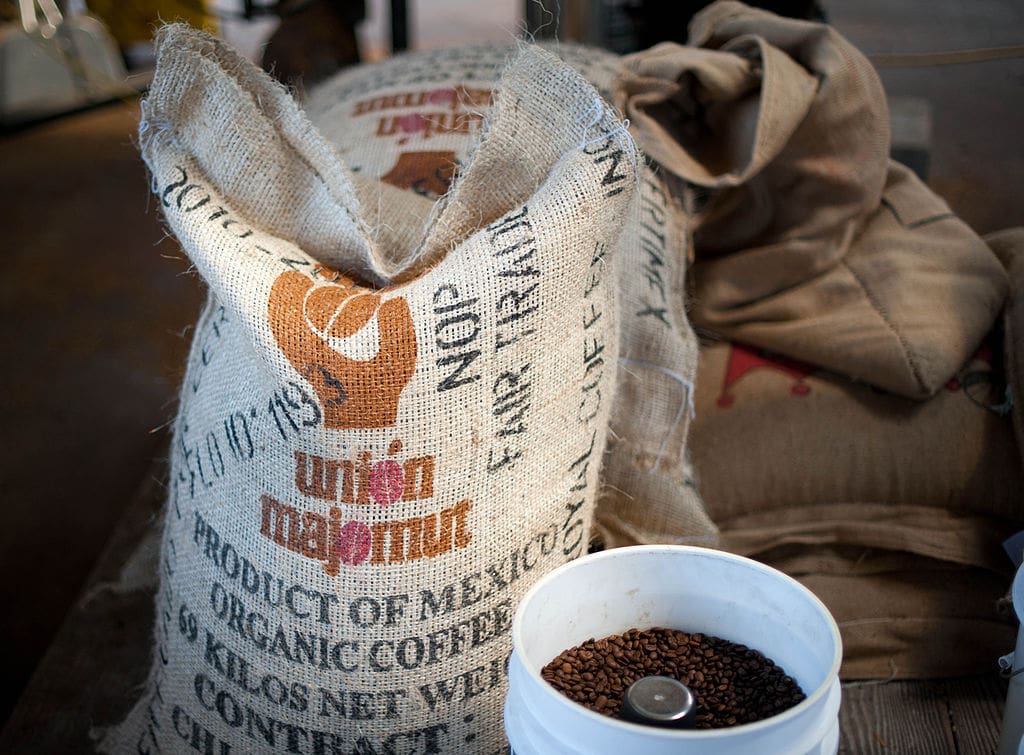 A bag of roasted Mexican coffee beans.
