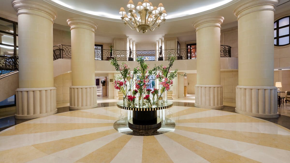 The beautiful, floral lobby inside the Kempinski Hotel in Cairo.