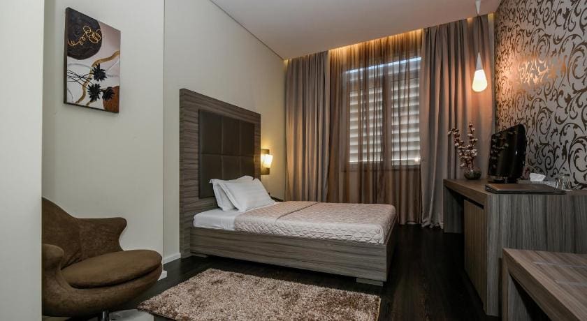 A standard bedroom at Skyhotel in Tirana, Albania.