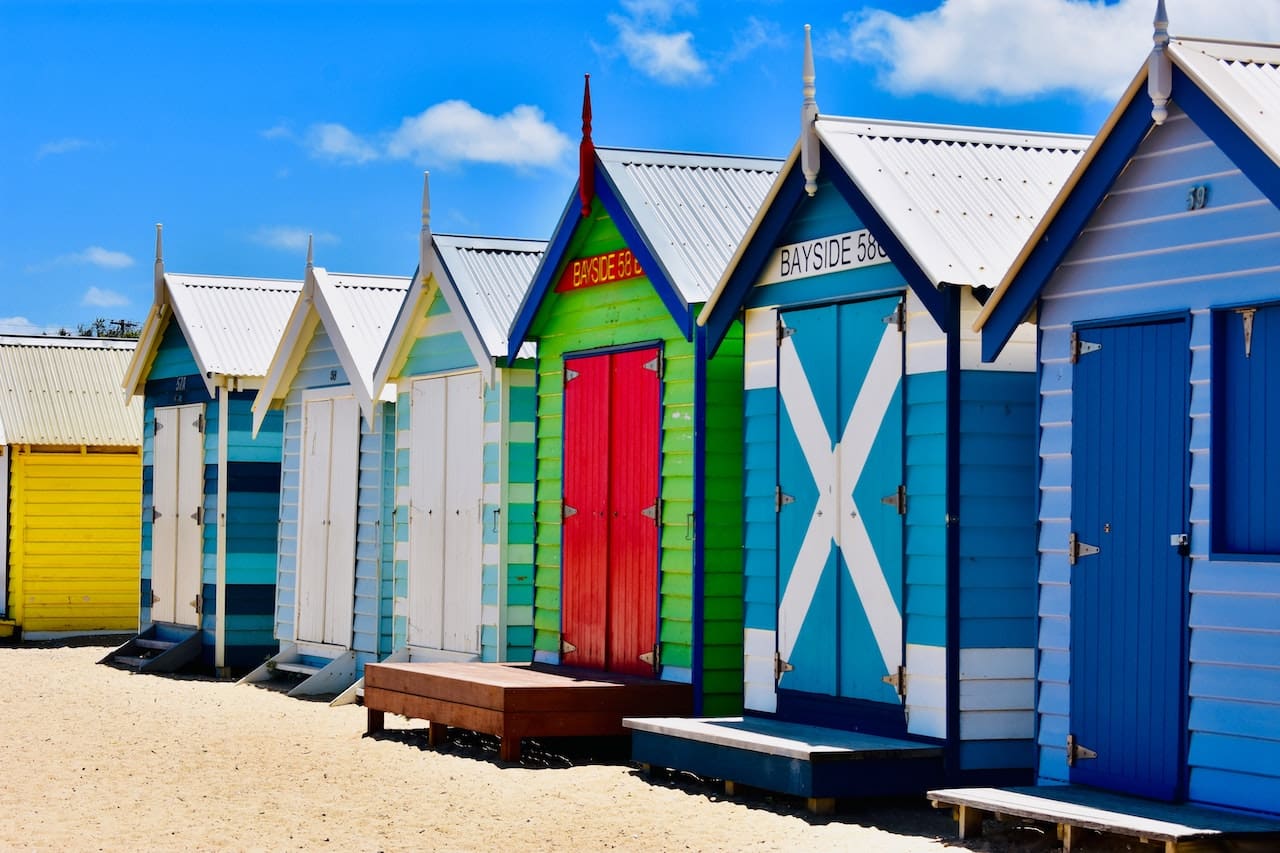 The colourful beach sheds lining Brighton Beach in Melbourne.