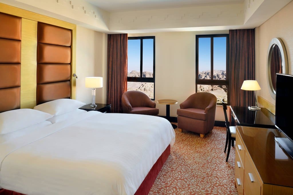 An example of a standard queen room at Petra Marriott Hotel in Jordan.