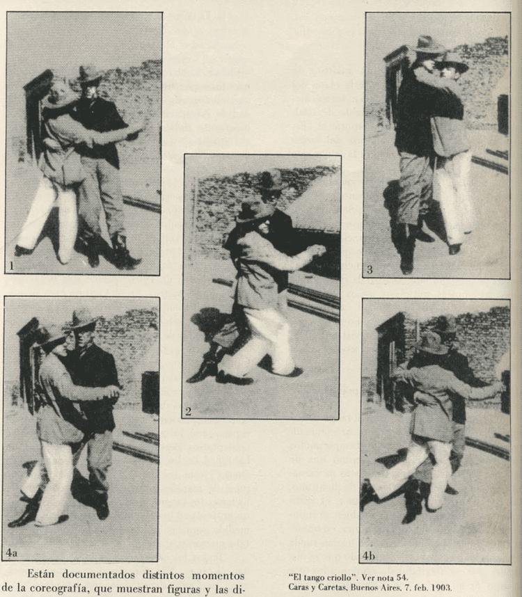 The first published photos of tango. They feature two men dancing together.